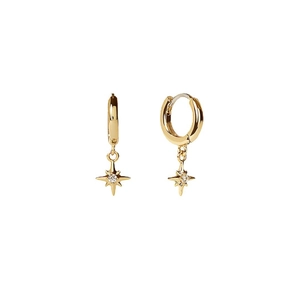 Boucles d'oreilles créoles dorées avec pendentif étoile à huit branches et zircons