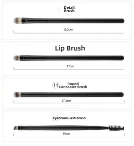 Detail view of 4 makeup brushes including detail, lip, concealer and dual-end brow brush
