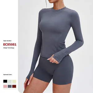 Damen Nahtloses Langarm Yoga Oberteil Daumenloch Slim Fit Fitness Laufen T-Shirt Elastisch Feuchtigkeitstransport Top
