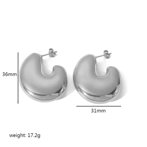 Polished silver stainless steel C-shaped hoop earrings measuring 36mm by 31mm