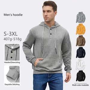 Men Hoodie Textured Jacquard Button Henley Neck Long Sleeve Casual Pullover Sweatshirt With Kangaroo Pocket