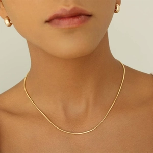 Model wearing a minimalist gold snake chain necklace and small matching gold hoop earrings