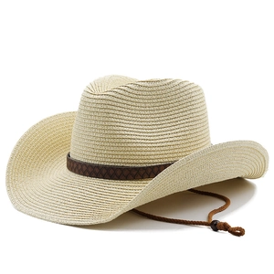 Classic beige woven straw cowboy hat with a brown leather band and adjustable chin strap
