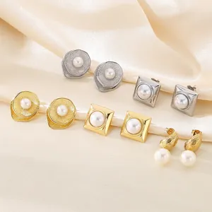Stainless Steel Shell Artificial Pearl Earrings French Retro Geometric Wave Textured Studs For Women Light Luxury Style