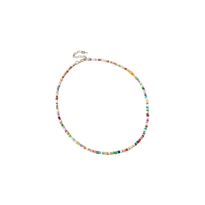 Colorful glass seed bead necklace with silver lobster clasp on a clean white background