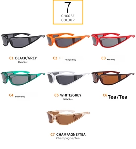 Macro view of seven colored polarized sports sunglasses with futuristic wraparound frames