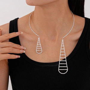 Geometric Open Choker Necklace Copper Rhinestone Water Drop Ladder Pendant Modern Luxury Fashion Accessory For Women