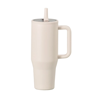 Detailed view of 40oz beige vacuum tumbler featuring ergonomic handle and leakproof straw