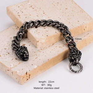 Bracelet à maillons tête de lion double pour homme en acier inoxydable argenté
