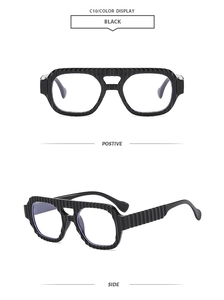 Detailed front and side views of black square vintage sunglasses with striped texture