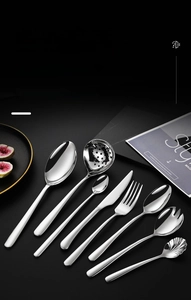 Polished 304 stainless steel cutlery set featuring shell-shaped spoon and mirror finish