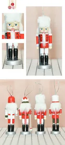 Detail of wooden nutcracker ornaments showing white fur hair and hanging silver strings