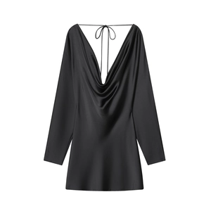 Satin Cowl Neck Mini Dress Backless Long Sleeve Elegant Sexy Party Solid Color Women