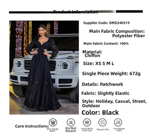 Detail of elegant black V-neck chiffon maxi dress with waist cutout and tiered skirt