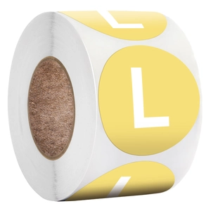 Roll of 2.5cm yellow round clothing size L stickers with bold white lettering labels