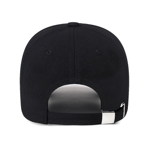 Rear view of black cotton baseball cap featuring number 28 embroidery and metal buckle