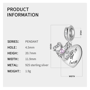Detailed size specifications for the 925 sterling silver heart and bow pendant