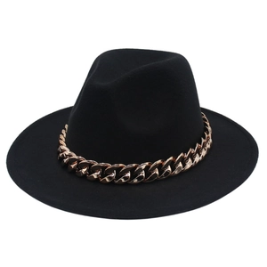 Classic black wool fedora hat featuring a chunky rose gold acrylic chain link band