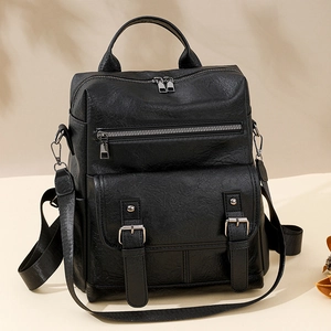Women Fashion Backpack Retro PU Leather Multi Pocket Large Capacity Travel Bag Korean Style Water Repellent Soft Casual