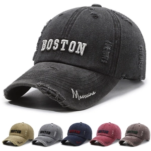 Boston Embroidered Baseball Cap Washed Cotton Distressed Retro Street Style Sun Protection Adjustable Hat For Men Women