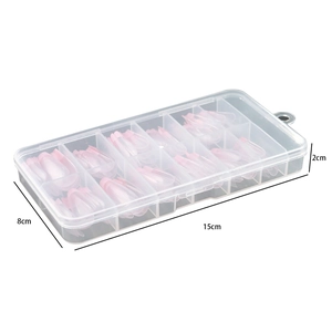 Transparent 10-compartment nail art storage box with pink petal tips, 15x8x2cm size