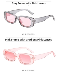 Close-up of retro rectangular sunglasses with transparent pink and grey frames and tinted lenses