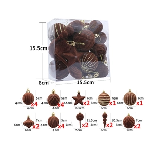 Detaillierte Größenangaben für kaffeebraun beflockte Christbaumkugel-Sets mit Maßen