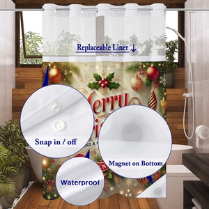 Detail of Christmas shower curtain with snap-on liner and weighted magnetic bottom
