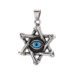 Gothic silver hexagram pendant with bone structure and blue devil eye in stainless steel