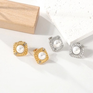 Vintage Square Stud Earrings 316 Stainless Steel Faux Artificial Pearl Rhinestone 18K Gold Plated Textured Geometric For Women