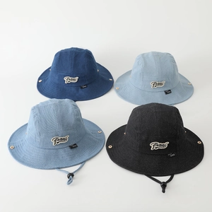 Kids denim bucket hats with letter embroidery and adjustable windproof straps in four colors