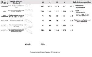Detailed size chart for suede long sleeve top showing measurements in centimeters