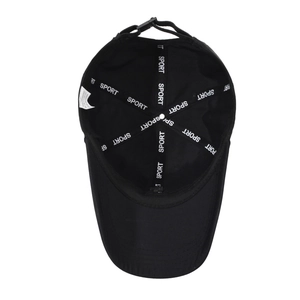 Internal view of a black lightweight baseball cap with reinforced sport tape and 6-panel structure