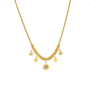 Elegant gold titanium steel necklace with rhinestone round pendants and roman numerals