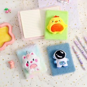 Plush cartoon animal notebooks featuring chick, astronaut, and unicorn embroidery designs
