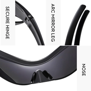 Detail view of reinforced hinges, curved temples and nose pads on black Y2K sports sunglasses