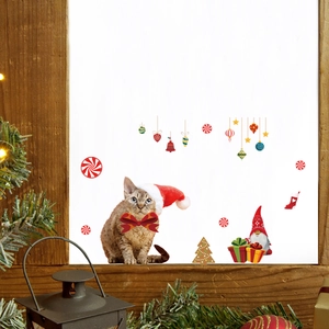 Christmas Wall Stickers PVC Waterproof Cartoon Cat Santa Tree Ornaments For Window Glass Showcase Home Festive Decoration