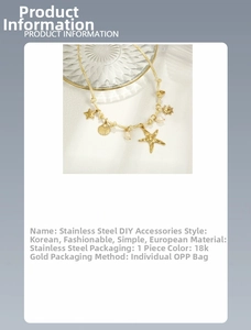 Detail of 18k gold starfish and shell charms for stainless steel DIY jewelry making