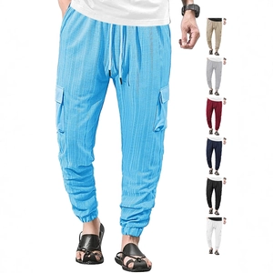Men's sky blue cargo joggers in breathable waffle texture fabric with drawstring waist
