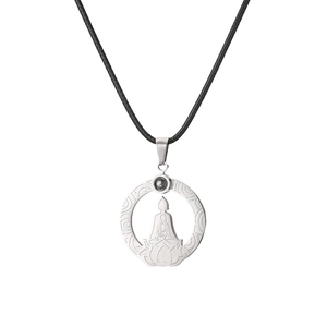 Silver stainless steel Buddha pendant necklace with hollow lotus pattern on black leather cord