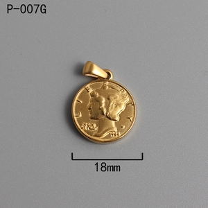 Macro detail of 18mm 18K gold plated titanium Roman coin pendant with Liberty relief