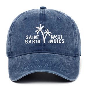 Close-up of Saint Barth coconut tree embroidery on washed navy baseball cap