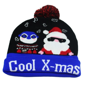 Luminous knitted Christmas hat with Santa penguin pattern and Cool X-mas text