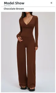 Detail of chocolate brown yoga set featuring a V-neck wrap top and wide-leg pants