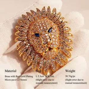 Luxury lion head brooch with full zircon inlay in gold-plated brass finish
