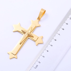 Detailed view of gothic 18k gold plated triple cross pendant measuring 7cm in height