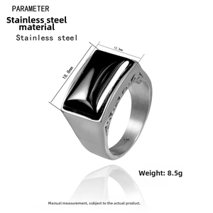 Detailed specs of men's stainless steel ring with black stone, size 18.8mm by 12.3mm