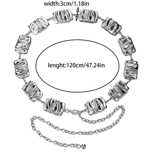 Silver textured metal link waist chain for dresses with 120cm length and lobster clasp
