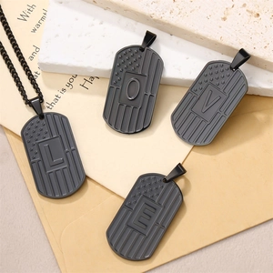 Black stainless steel US flag dog tag necklace set with LOVE engraved letter pendants