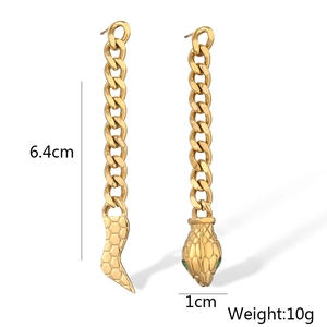 Detailed macro view of 18K gold-plated snake earrings with green accents and dimensions